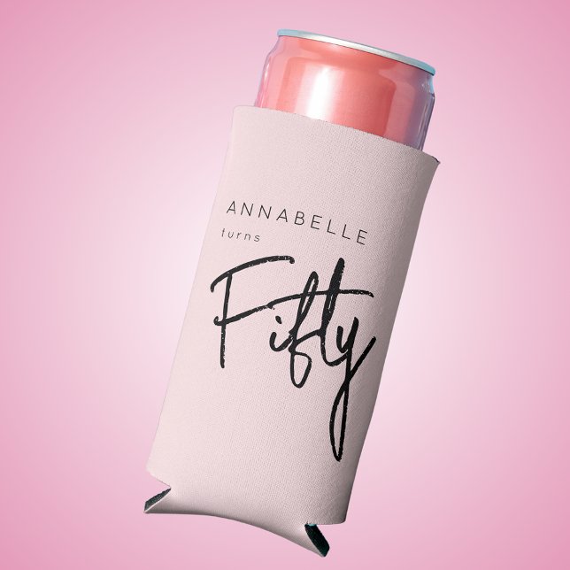 Modern 50th Fifty Fiftieth birthday party Seltzer Can Cooler (Blush pink 50th birthday can cooler. Personalize with name. Contact me for help adding other details)
