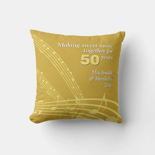 Modern  50th GOLDEN Wedding  MUSIC NOTES Throw Pillow