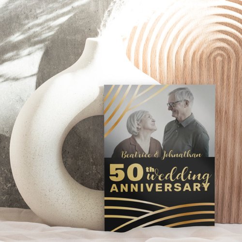 Modern 50th Wedding Anniversary Black  Gold Photo Invitation