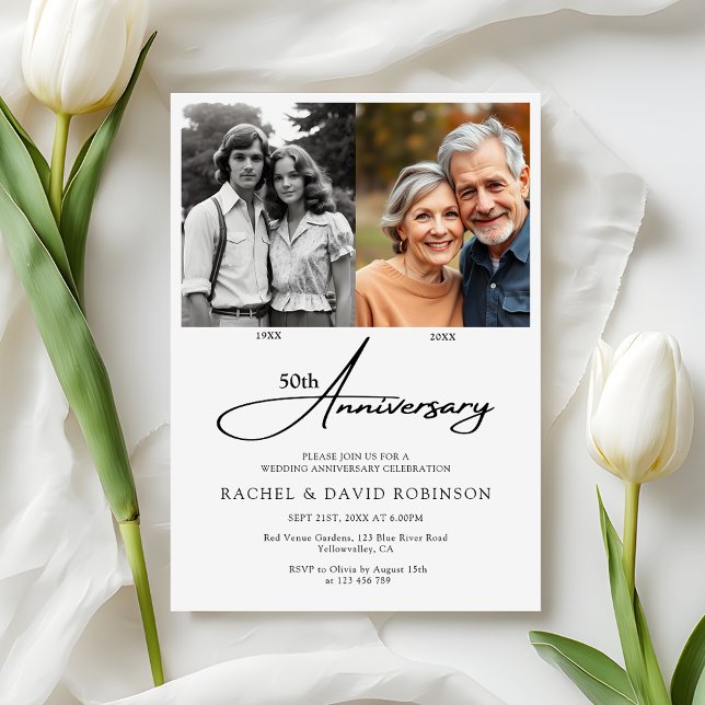Modern 50th Wedding Anniversary Then and Now Image Invitation (Creator Uploaded)