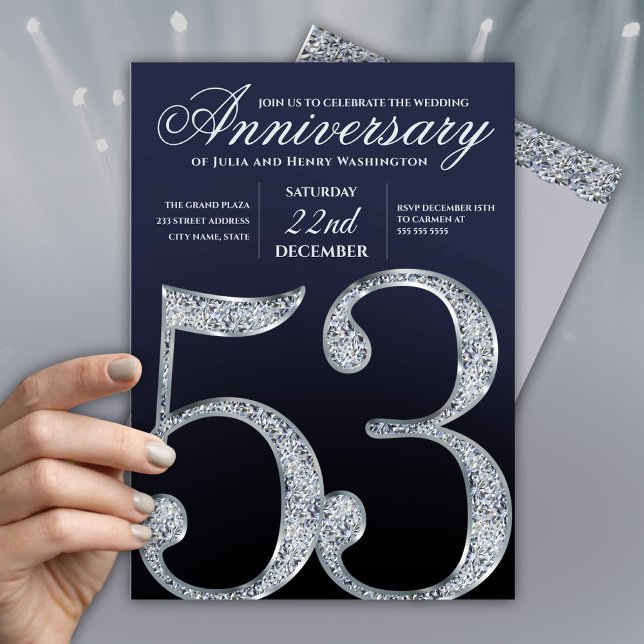 Modern 53rd Anniversary Diamond Silver Navy Blue Invitation (Creator Uploaded)
