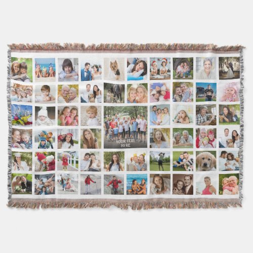 Modern 57 Photo Collage Personalized Throw Blanket - Make a collage of 57photos commemorating a special event or milestone or for a meaningful, memorable photo gift personalized with your text, title or message. PHOTO TIP:  Pre-crop/size your photos into a square shape or have the subject in the middle BEFORE uploading for fastest, easiest results. NOTE that pixelation/blurry warnings may occur and you may want to enlarge your original photo before uploading or Zazzle LIVE, online services or the designer may help you. CHANGES:  Select a different background color or change the text font style, color, size and placement by clicking CUSTOMIZE FURTHER. Contact the designer via Zazzle Chat or makeitaboutyoustore@gmail.com if you'd like this design modified or on another product.