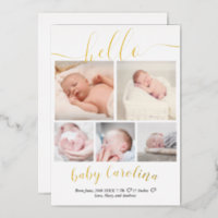 modern 5 grid photo baby girl birth white foil invitation