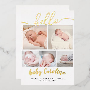 modern 5 grid photo baby girl birth white foil invitation