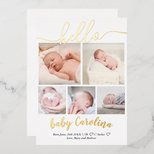 modern 5 grid photo baby girl birth white foil invitation (Front/Back)