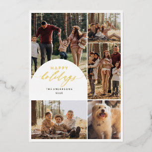 Modern 5 Photo Collage Arch Happy Holidays Photo Foil Holiday Card
