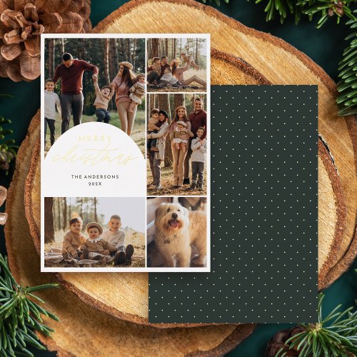 Modern 5 Photo Collage Arch Merry Christmas Photo Foil Holiday Card