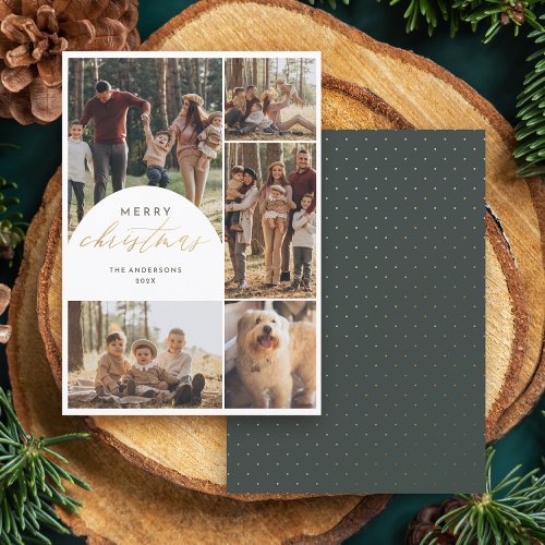 Modern 5 Photo Collage Arch Merry Christmas Photo Holiday Card