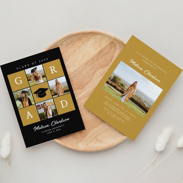 Modern 5 Photo Collage Black & Mustard Graduation Invitation (Creator Uploaded)