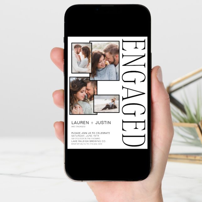 Modern 5 Photo Collage Black White Engagement Announcement (Front Digital)