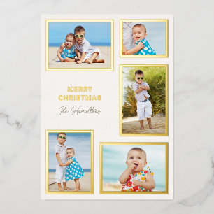 Modern 5-Photo Collage Christmas Gold Foil Holiday Card