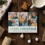 Modern 5 Photo Collage Christmas Holiday Card<br><div class="desc">Contemporary christmas holiday card featuring a 5 photo collage of your beautiful family,  the words "merry christmas" in a elegant green gradient typeface,  your family name,  and the year.</div>