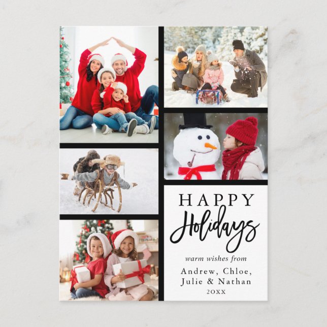 Modern 5 Photo Collage Christmas Holiday Postcard (Front)