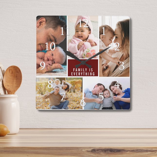 Modern 5 Photo Collage Family Is Everything Quote Square Wall Clock (Creator Uploaded)