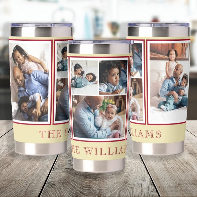 Modern 5 photo collage family name insulated tumbler (Creator Uploaded)