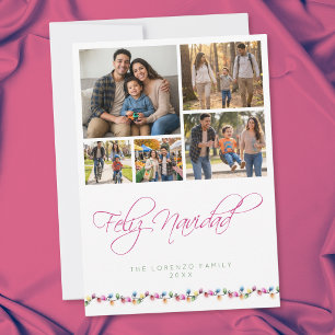 Modern 5 Photo Collage Feliz Navidad Color Lights Holiday Card