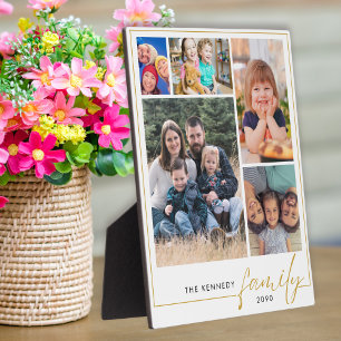 Modern 5 Photo Collage Gold Family Name Plaque