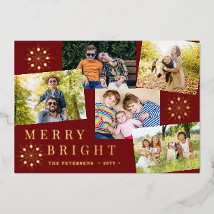 Modern 5 photo collage gold snowflakes Christmas Foil Holiday Card