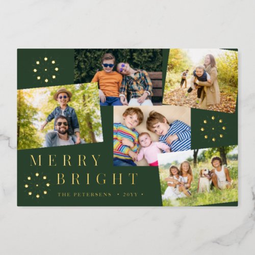 Modern 5 photo collage gold snowflakes Christmas Foil Holiday Card