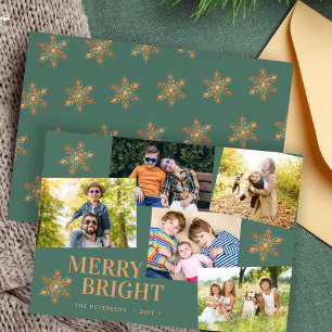 Modern 5 photo collage gold snowflakes Christmas Holiday Card