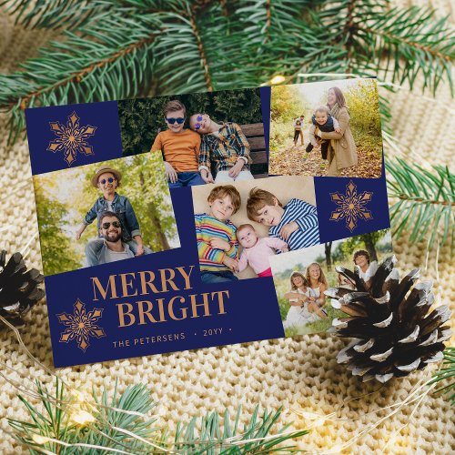 Modern 5 photo collage gold snowflakes Christmas Holiday Card