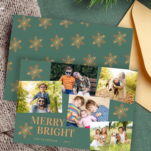 Modern 5 photo collage gold snowflakes Christmas Holiday Card