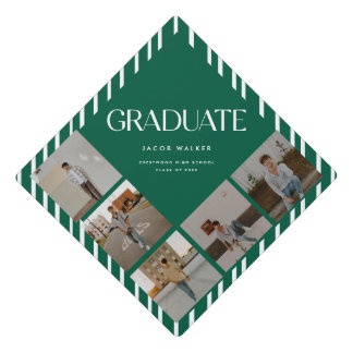 Modern 5-Photo Collage Green Stripes Graduation Cap Topper