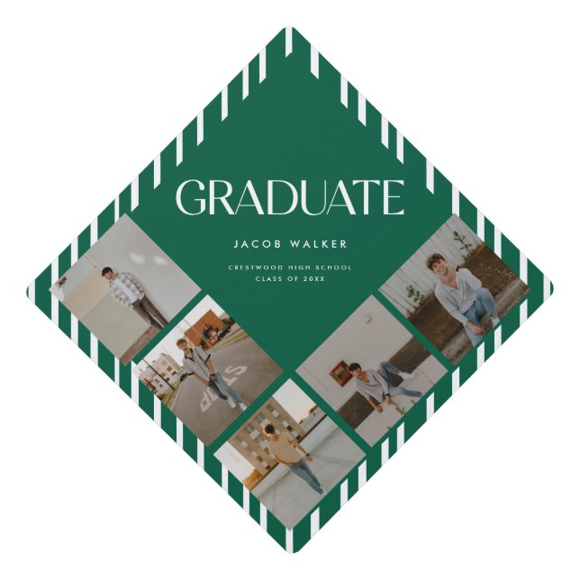 Modern 5-Photo Collage Green Stripes Graduation Cap Topper (Front)