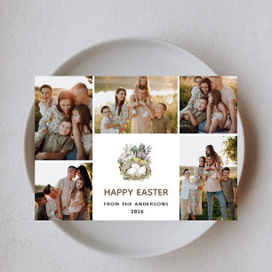 Modern 5 Photo Collage Happy Easter Nest Family Holiday Card