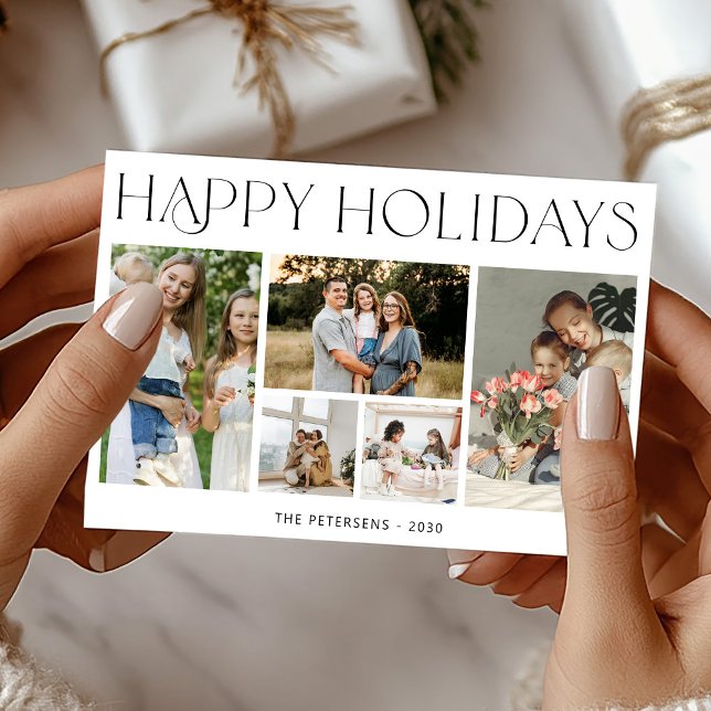 Modern 5 photo collage Happy Holidays Christmas Holiday Card (Creator Uploaded)
