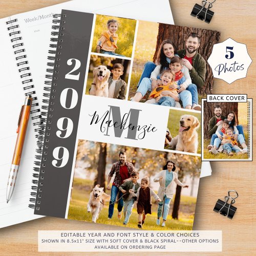 Modern 5 Photo Collage Monogram Name Planner