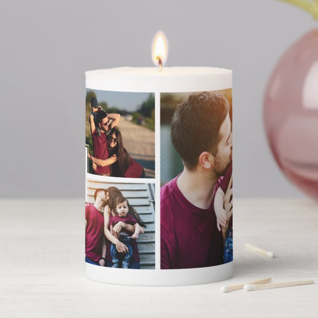 Modern 5-Photo Collage Monogrammed Pillar Candle (In Situ)