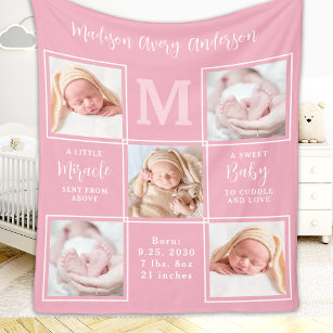 Modern 5 Photo Collage New Baby Pink Birth Stats Fleece Blanket
