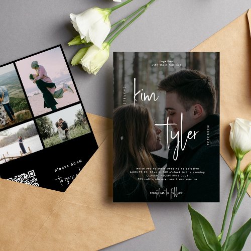 Modern 5 photo collage QR CODE script wedding Invitation