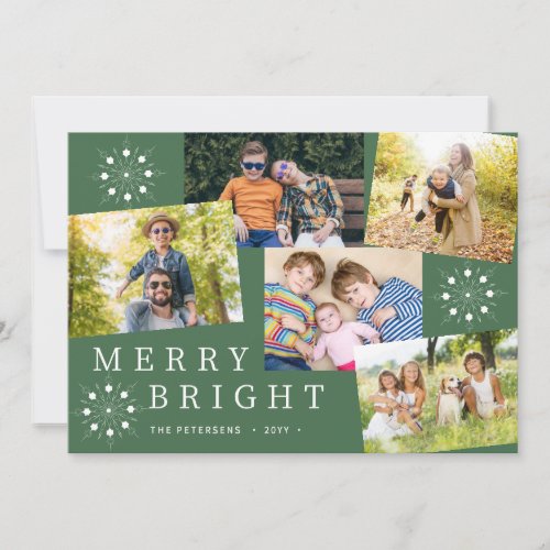 Modern 5 photo collage snowflakes green Christmas Holiday Card