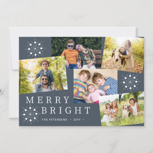 Modern 5 photo collage snowflakes navy Christmas Holiday Card