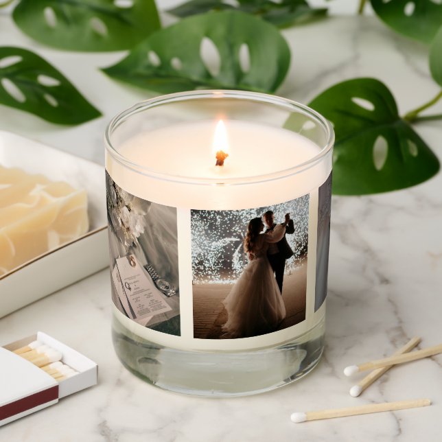 Modern 5 Photo Collage Wedding Keepsake  Scented Candle (Lit)