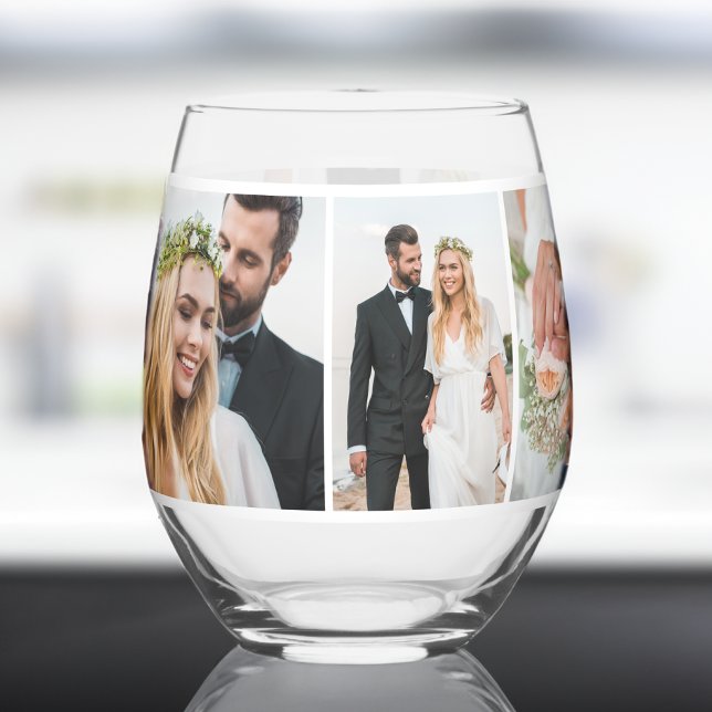Modern 5 Photo Collage Wedding Keepsake Stemless Wine Glass (Creator Uploaded)