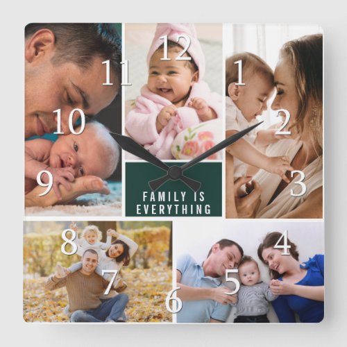 Modern 5 Photo Family Is Everything Quote Green Square Wall Clock
