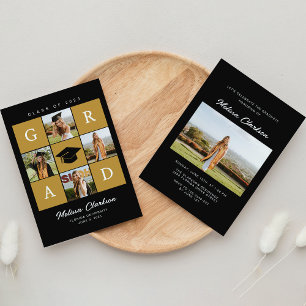 Modern 5 Photo Gold Box Collage Black Graduation Invitation