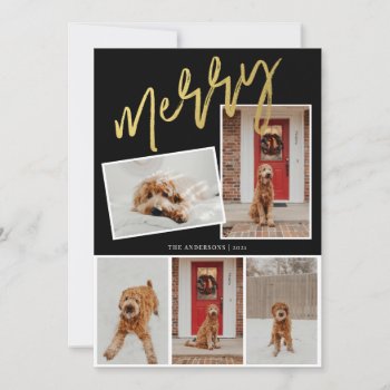 Modern 5 Photo Gold Merry Script Photo Holiday Card by antiquechandelier at Zazzle