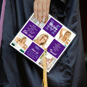Modern 5 Photo Grid, Monogram & Quote Graduate Graduation Cap Topper