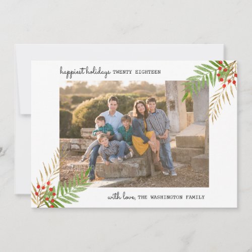 Modern 5 Photo Happiest Holidays Christmas Holly Holiday Card