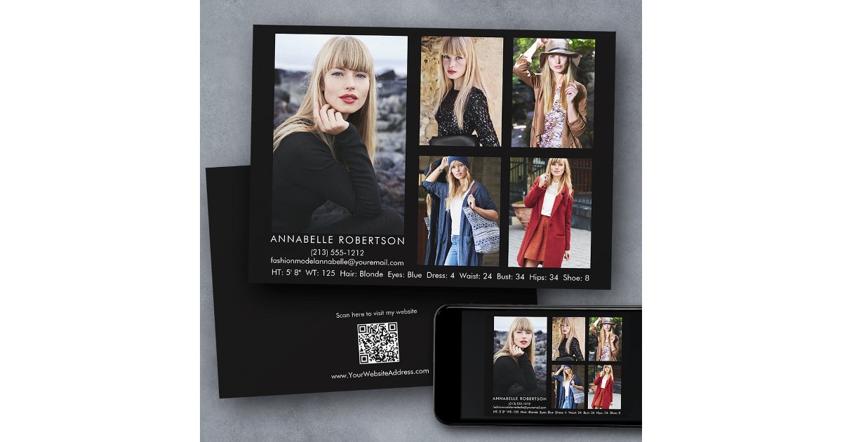 Modern 5 Photo Model Actor QR Code Back Comp Card | Zazzle