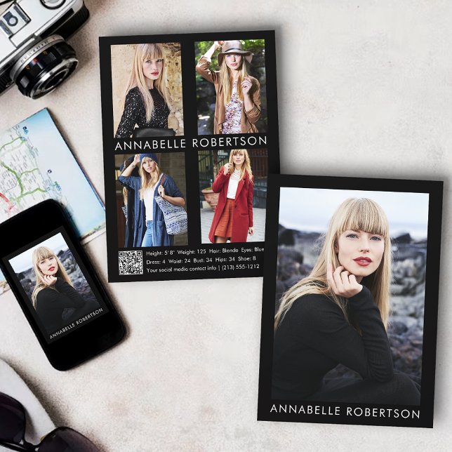 Modern 5 Photo Model Actor QR Code Comp Card (Customize to change background color, text size or text style. Available for prints and download.)