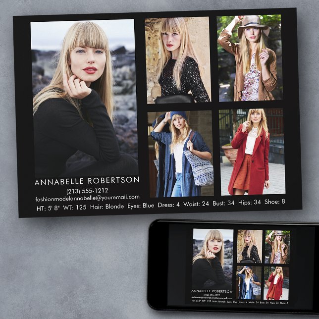 Modern 5 Photo Model and Actor Comp Card (Customize to change background color, text size, style or to add more photos to back of card.)