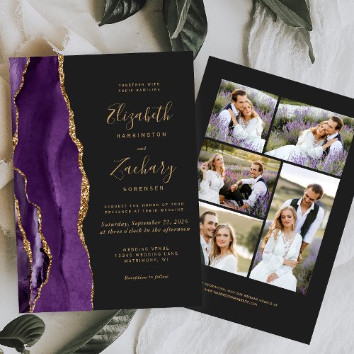 Modern 5_Photo Purple Gold Agate Dark Wedding Invitation