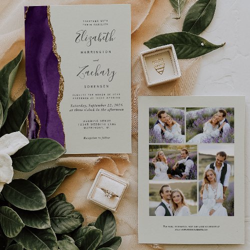 Modern 5_Photo Purple Gold Agate Ivory Wedding Invitation