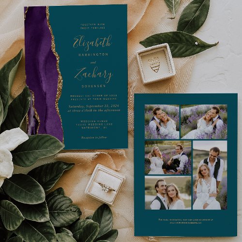 Modern 5_Photo Purple Gold Agate Teal Wedding Invitation