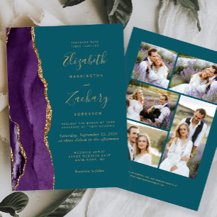 Modern 5-Photo Purple Gold Agate Teal Wedding Invitation